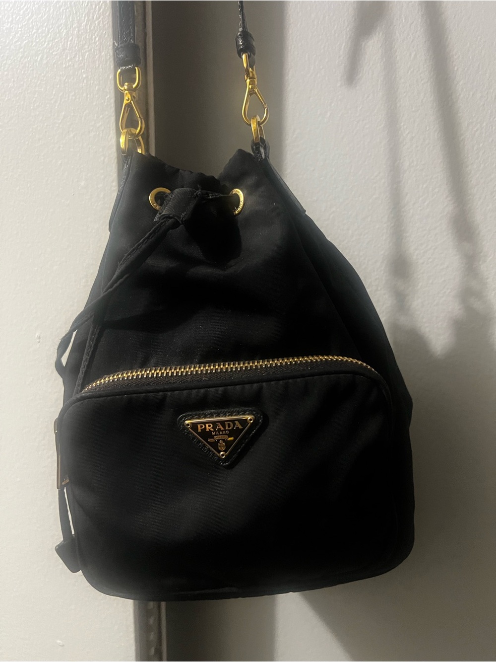Prada Black Nylon Mini Drawstring Bag with Gold Hardware